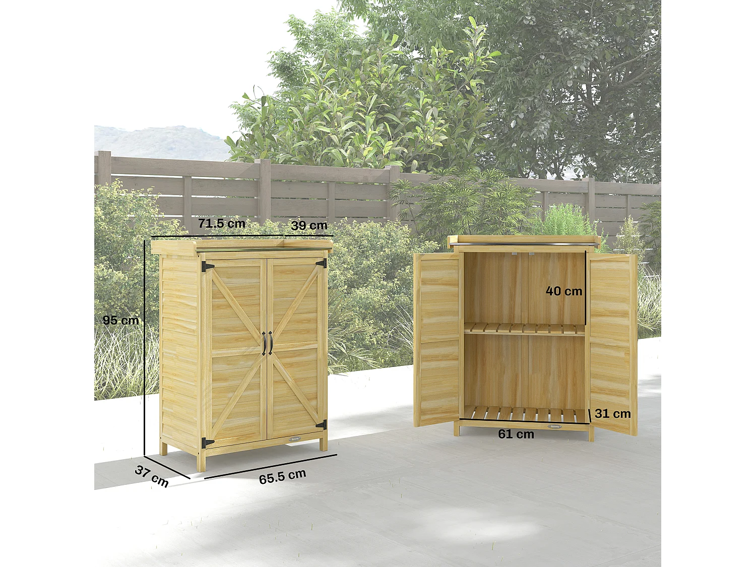 Armadio da giardino con piano in acciaio e legno naturale