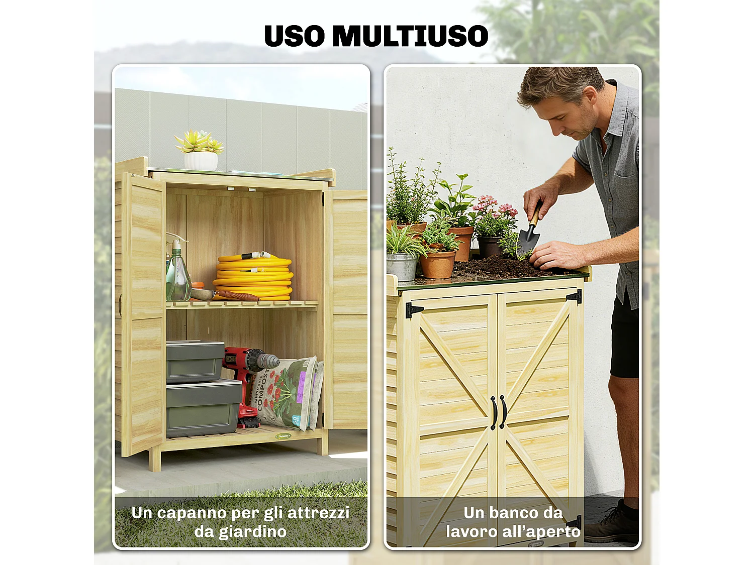 Armadio da giardino con piano in acciaio e legno naturale