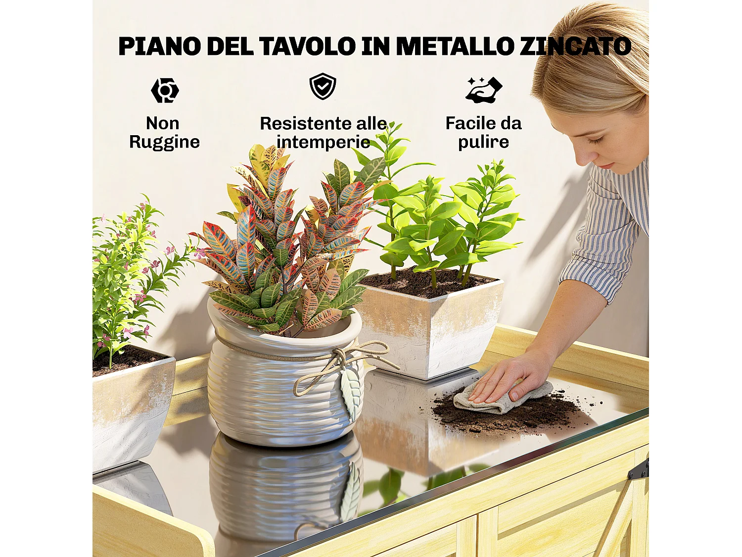 Armadio da giardino con piano in acciaio e legno naturale