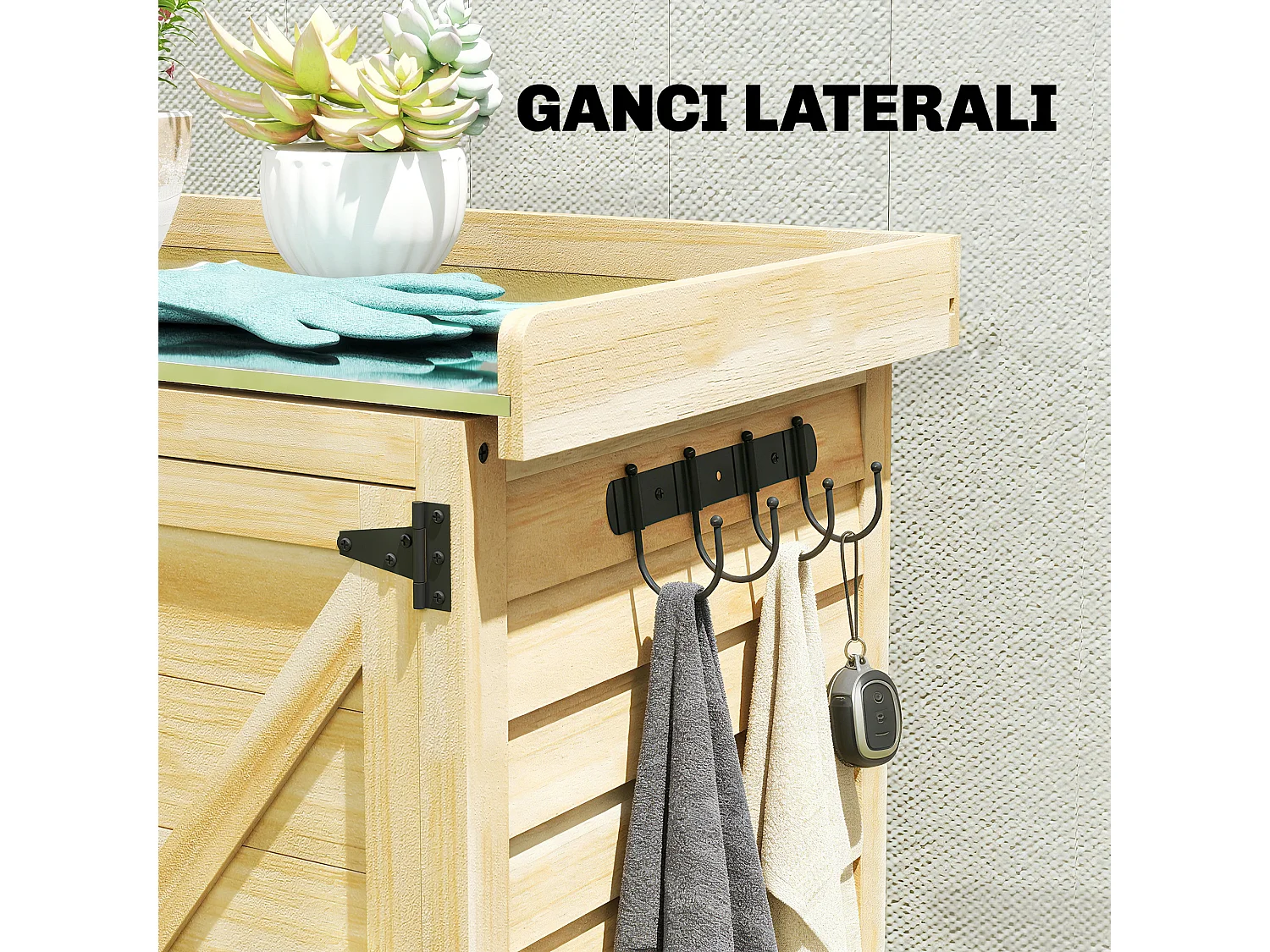 Armadio da giardino con piano in acciaio e legno naturale