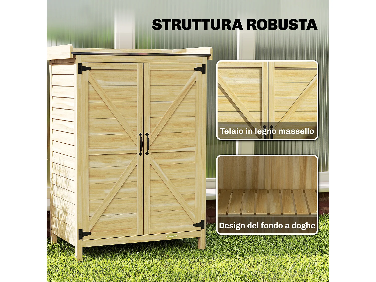 Armadio da giardino con piano in acciaio e legno naturale