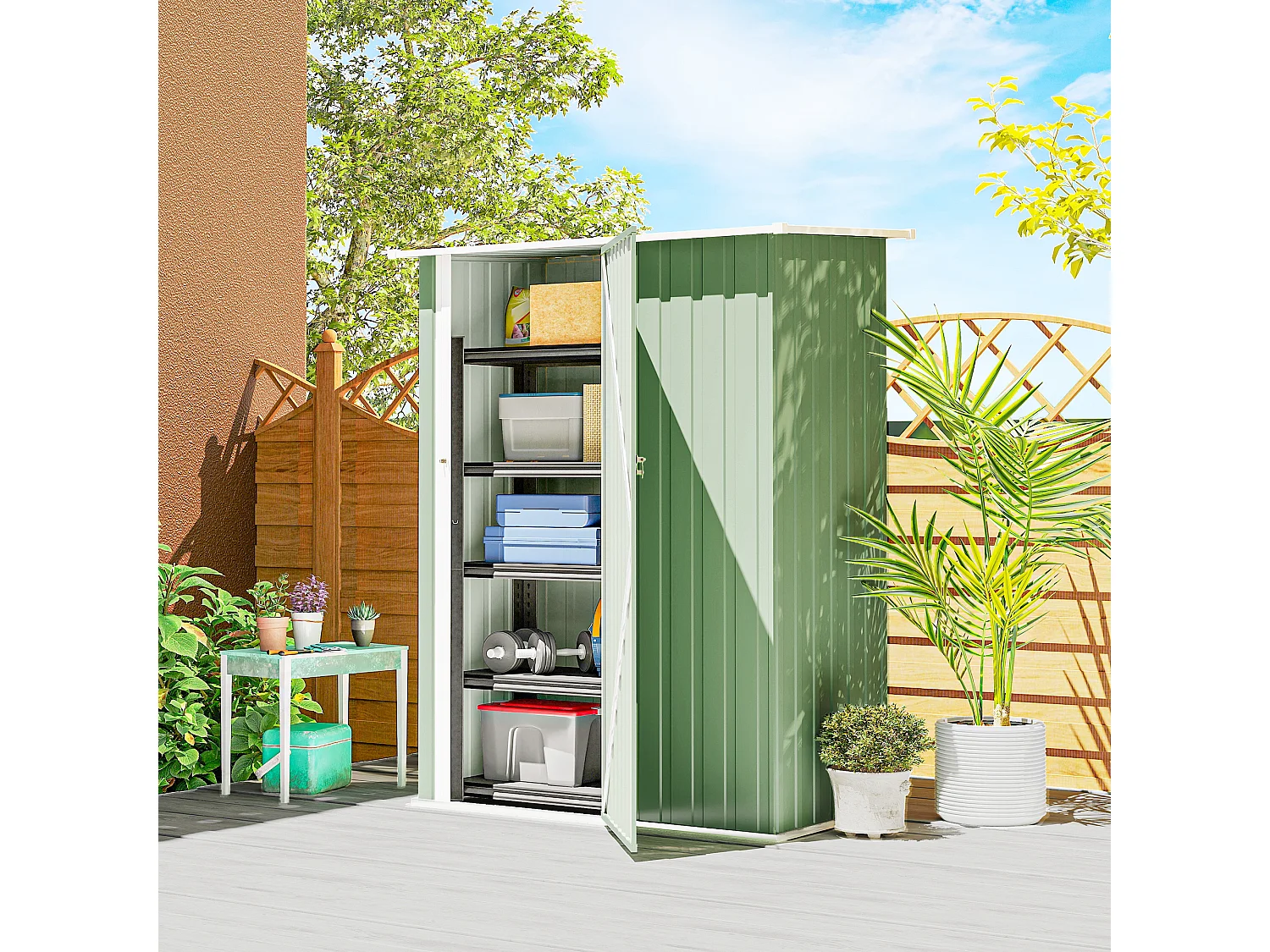 Capanno attrezzi in metallo con tetto inclinato verde chiaro