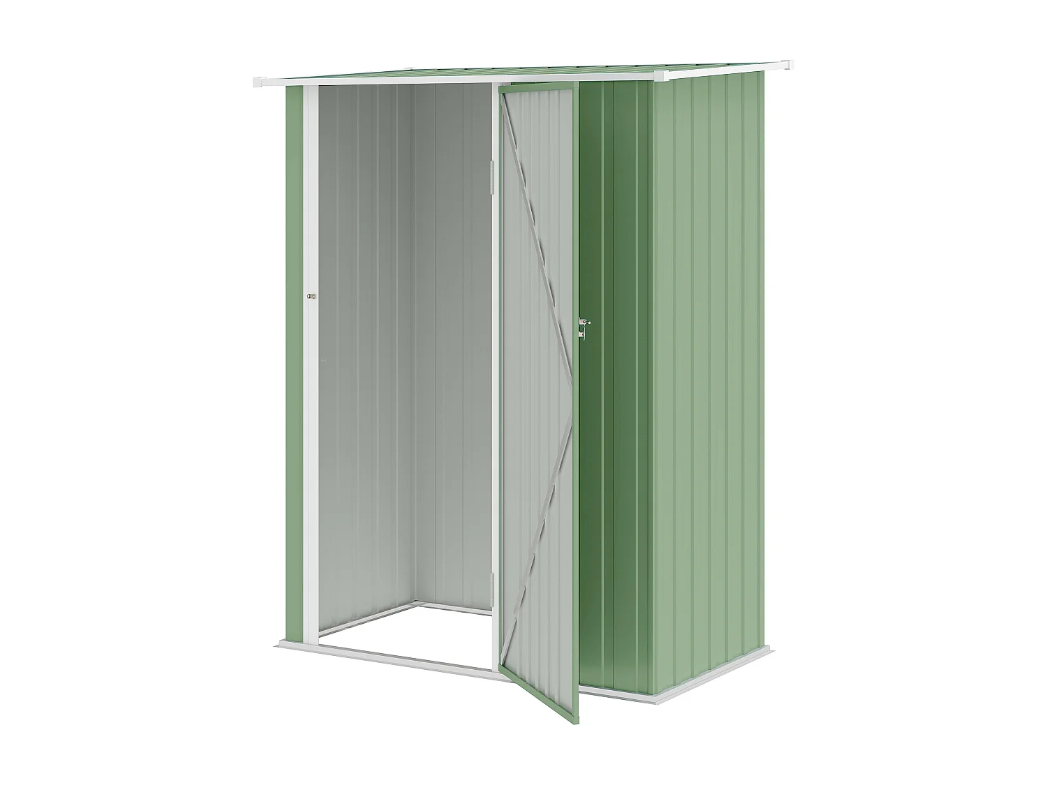 Capanno attrezzi in metallo con tetto inclinato verde chiaro