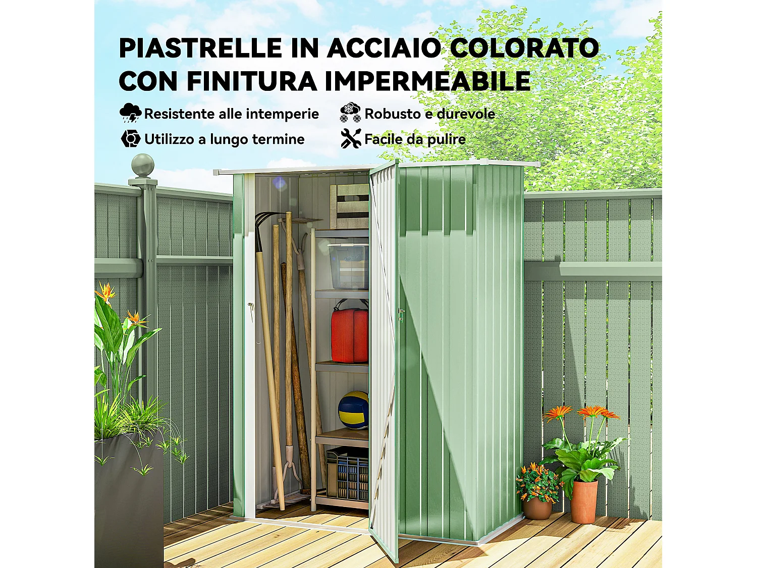 Capanno attrezzi in metallo con tetto inclinato verde chiaro