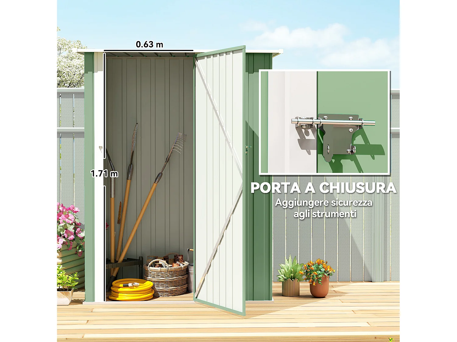 Capanno attrezzi in metallo con tetto inclinato verde chiaro