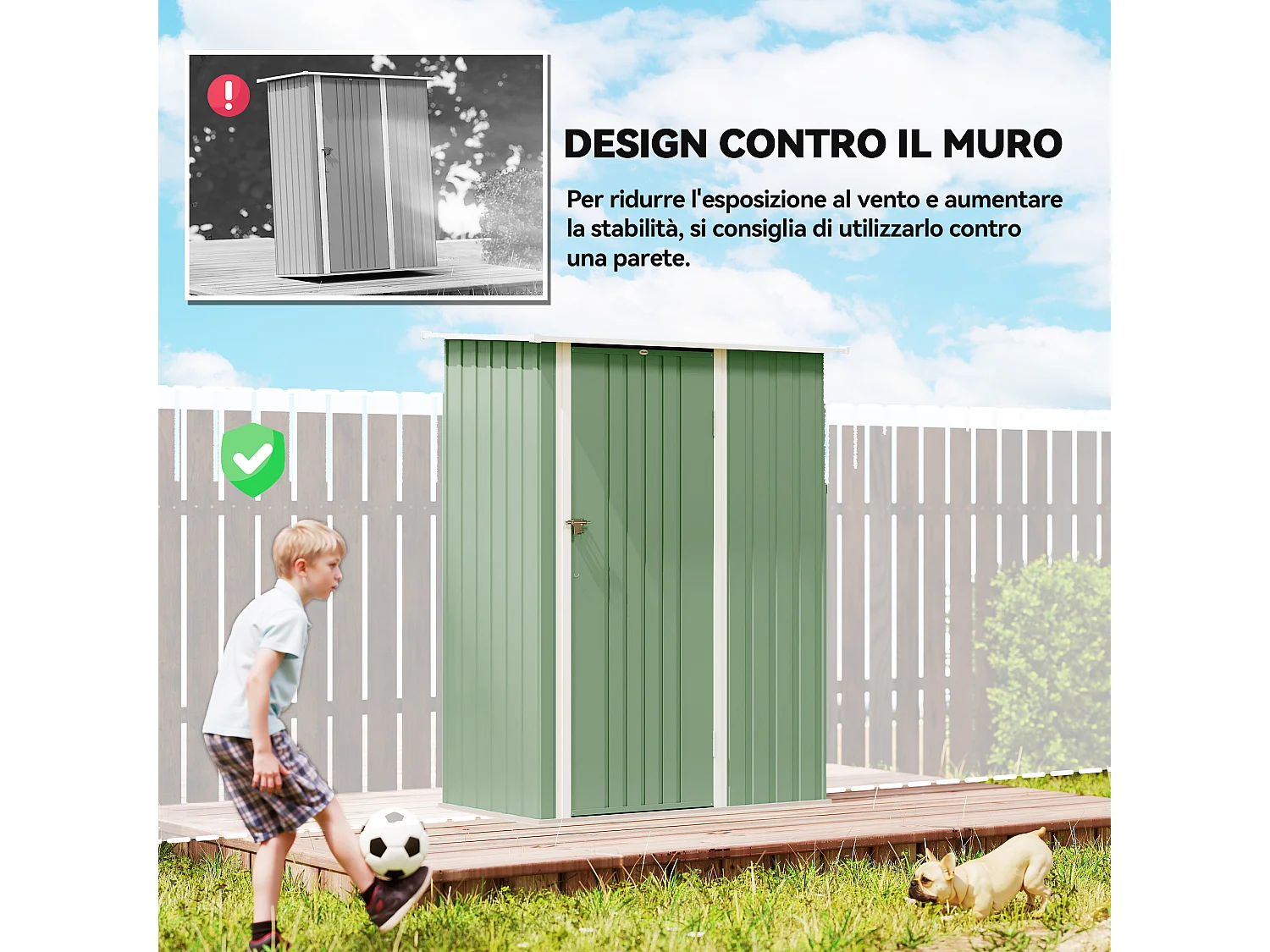 Capanno attrezzi in metallo con tetto inclinato verde chiaro