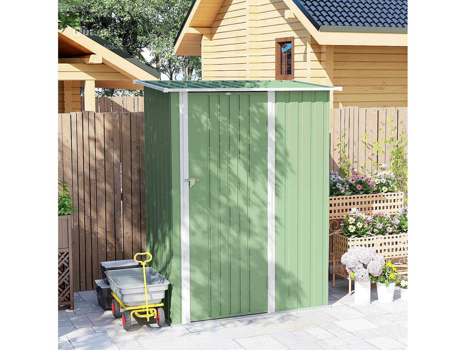 Capanno attrezzi in metallo con tetto inclinato verde chiaro