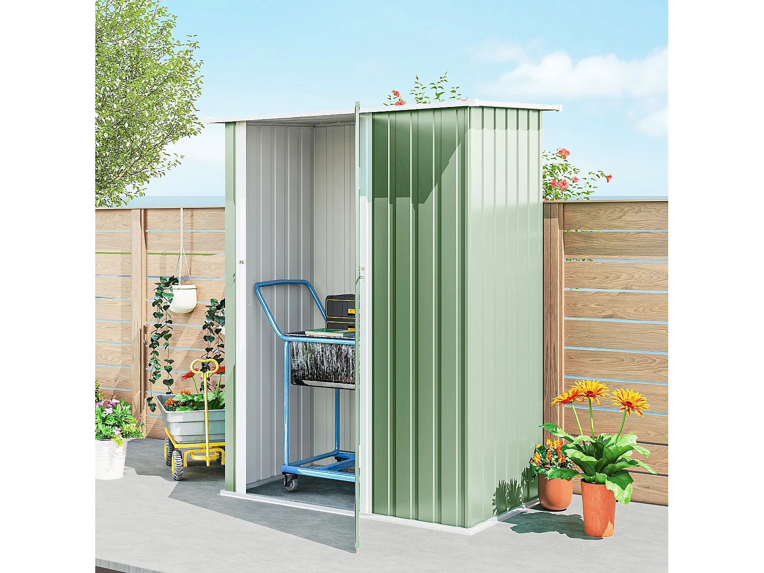 Capanno attrezzi in metallo con tetto inclinato verde chiaro