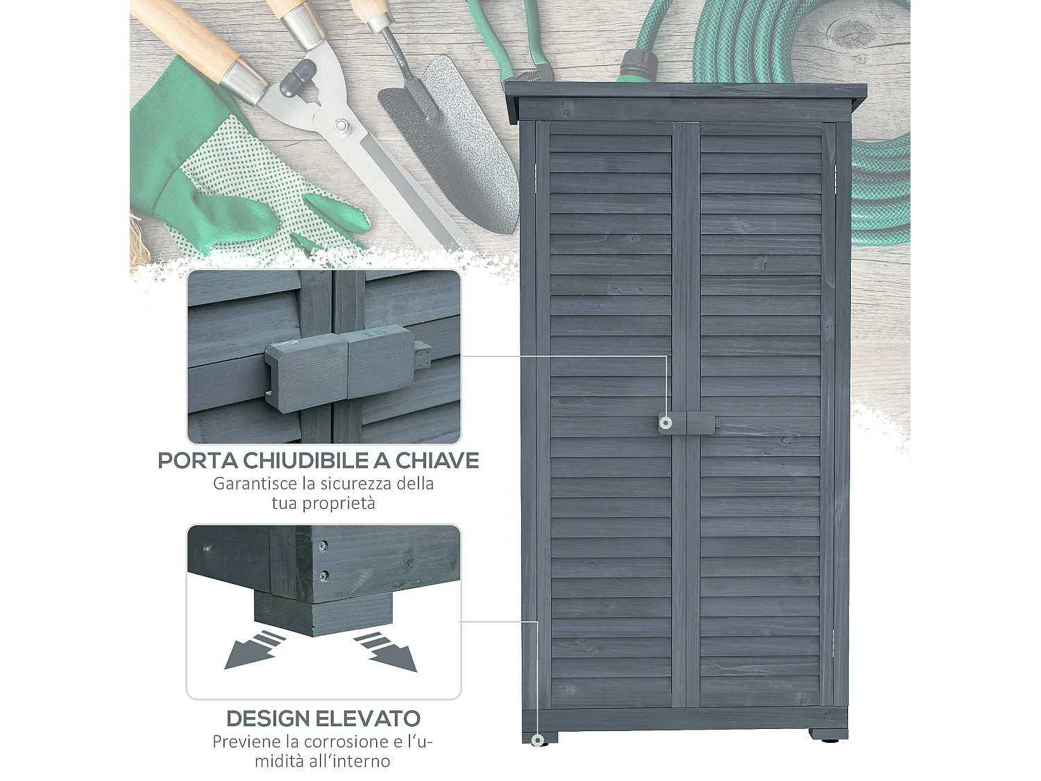 Armadio da esterno con 2 porte e ripiani interni in legno grigio