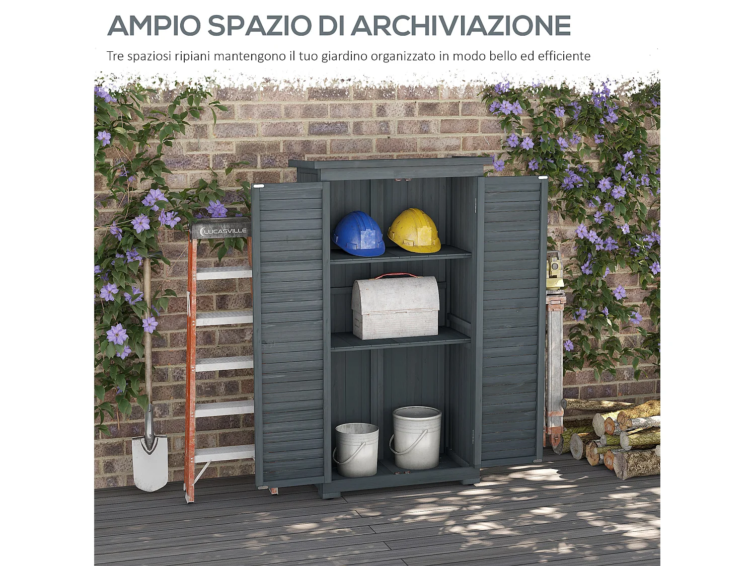 Armadio da esterno con 2 porte e ripiani interni in legno grigio