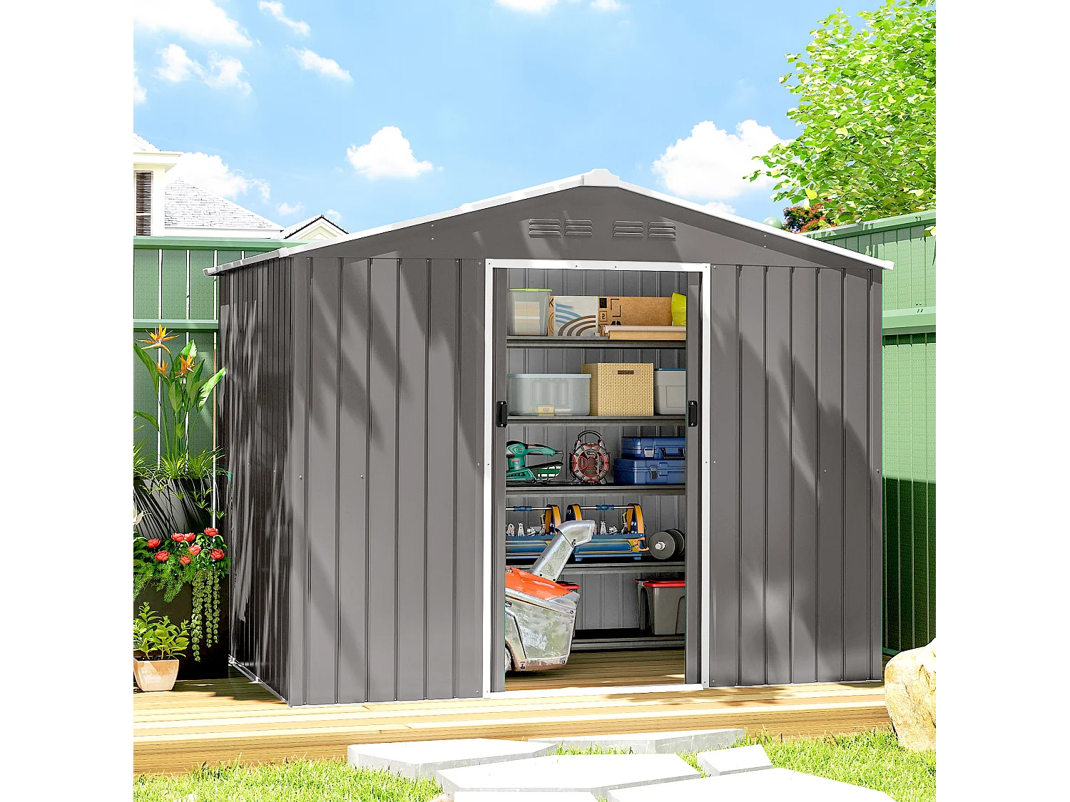 Casetta da giardino 2.3x1.7 m doppia porta in acciaio effetto legno