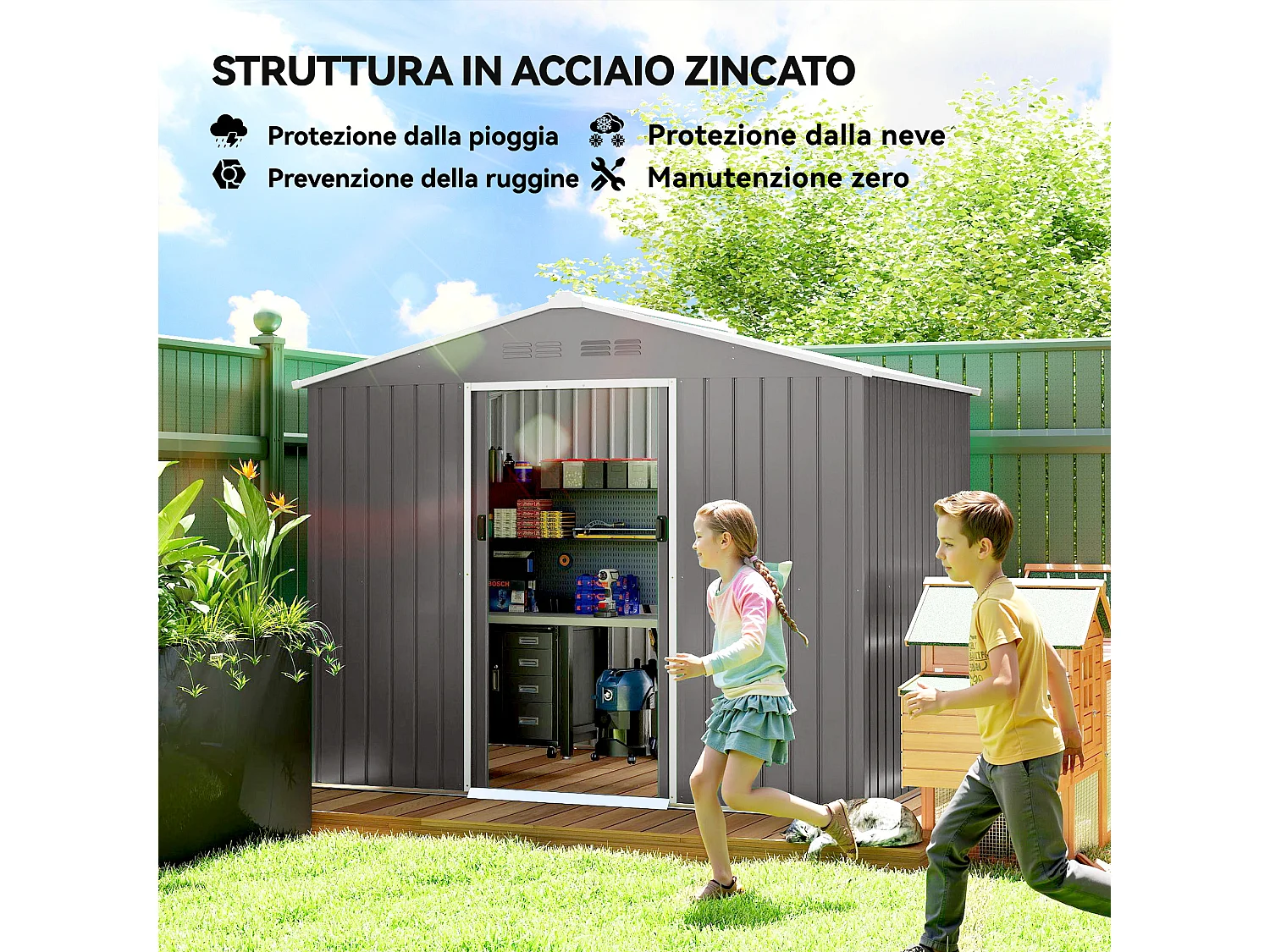 Casetta da giardino 2.3x1.7 m doppia porta in acciaio effetto legno