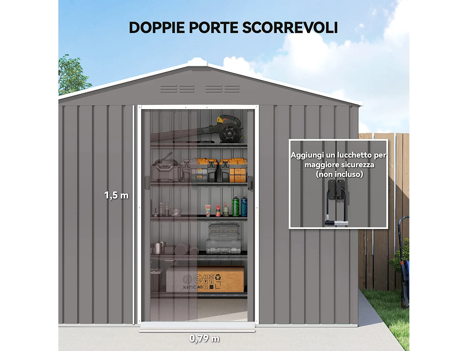 Casetta da giardino 2.3x1.7 m doppia porta in acciaio effetto legno