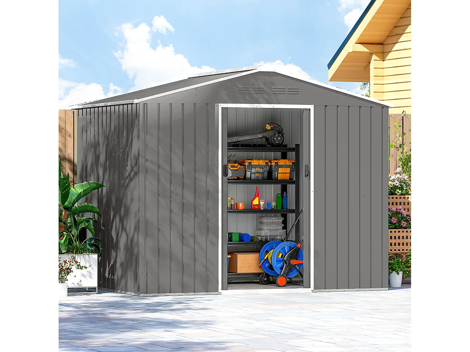 Casetta da giardino 2.3x1.7 m doppia porta in acciaio effetto legno