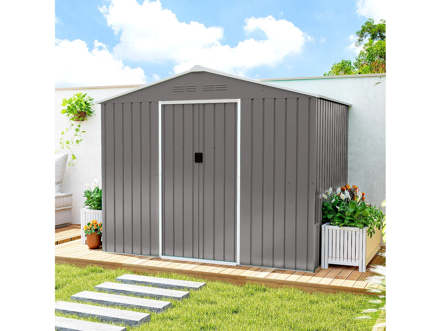 Casetta da giardino 2.3x1.7 m doppia porta in acciaio effetto legno