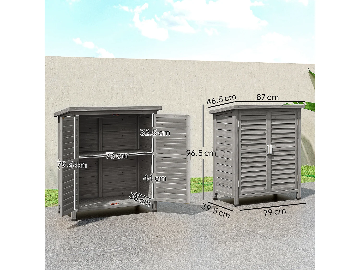 Armadio da giardino con porte a persiana in legno grigio
