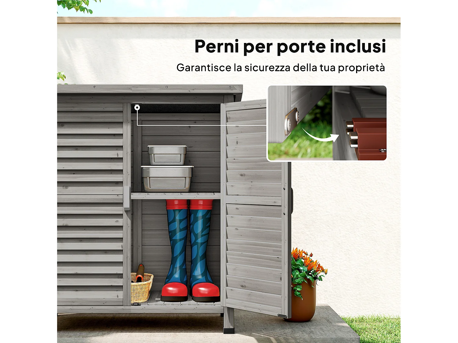 Armadio da giardino con porte a persiana in legno grigio