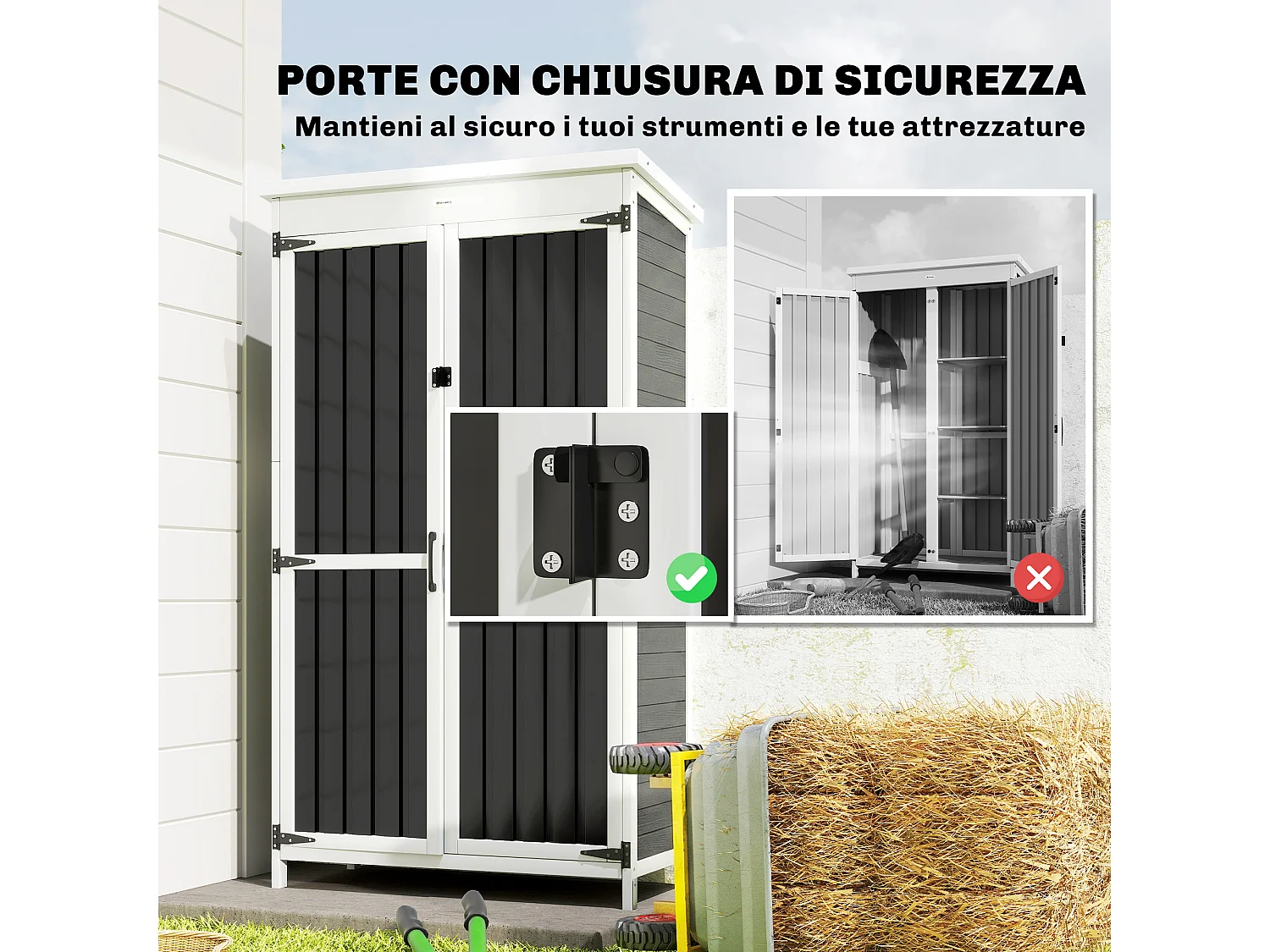 Armadio da esterno con doppia porta in legno bianco e nero