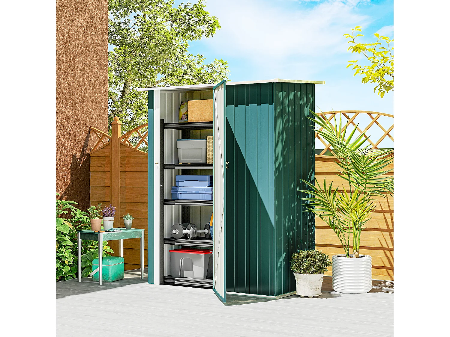 Capanno attrezzi in metallo con tetto inclinato porta bloccabile verde