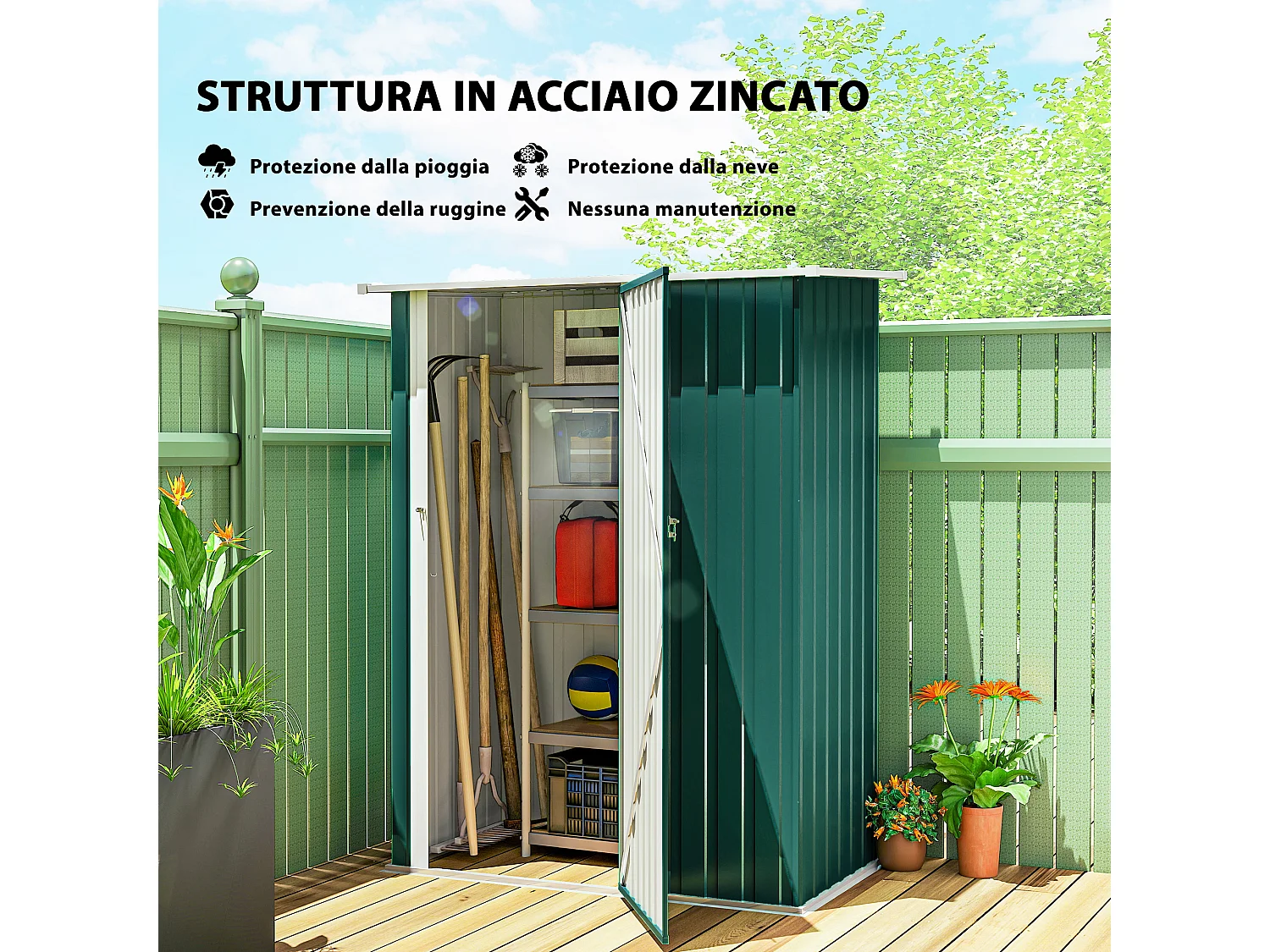 Capanno attrezzi in metallo con tetto inclinato porta bloccabile verde