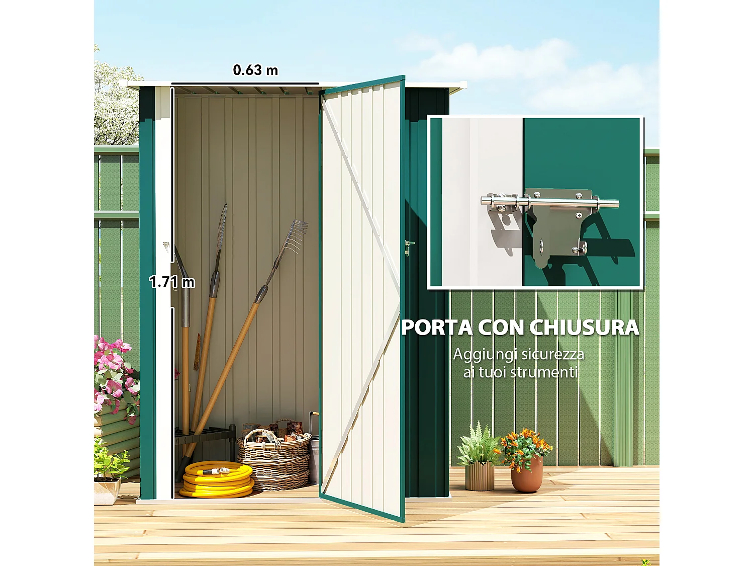 Capanno attrezzi in metallo con tetto inclinato porta bloccabile verde