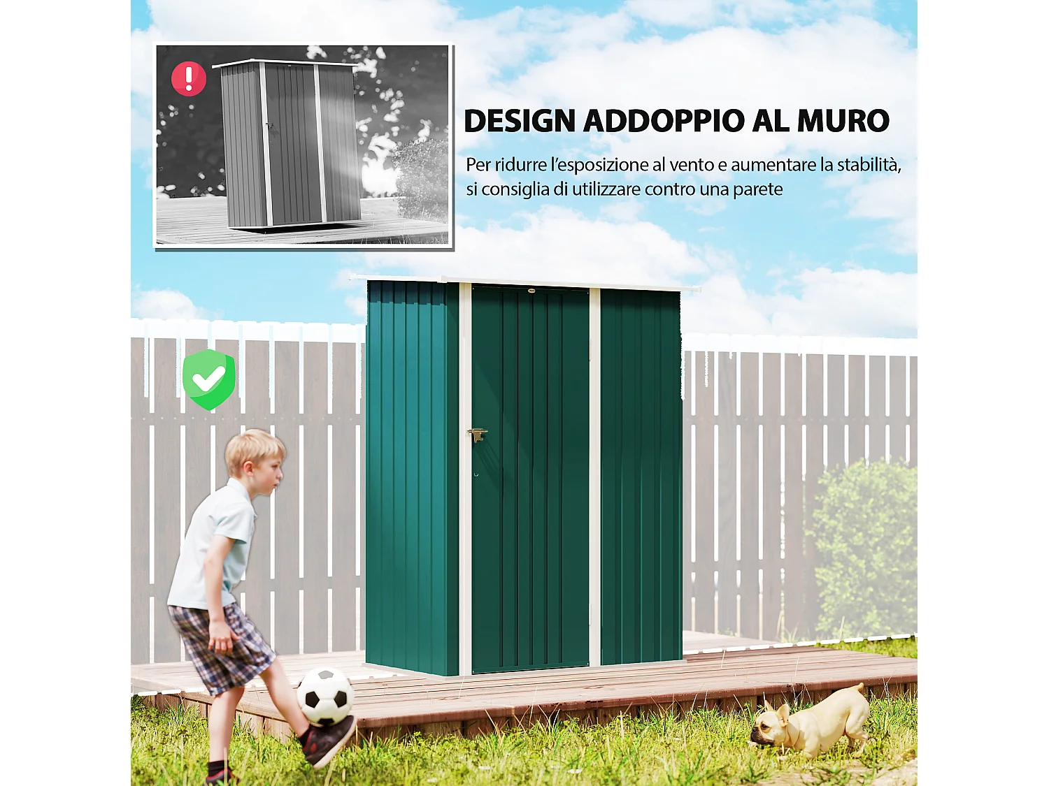 Capanno attrezzi in metallo con tetto inclinato porta bloccabile verde