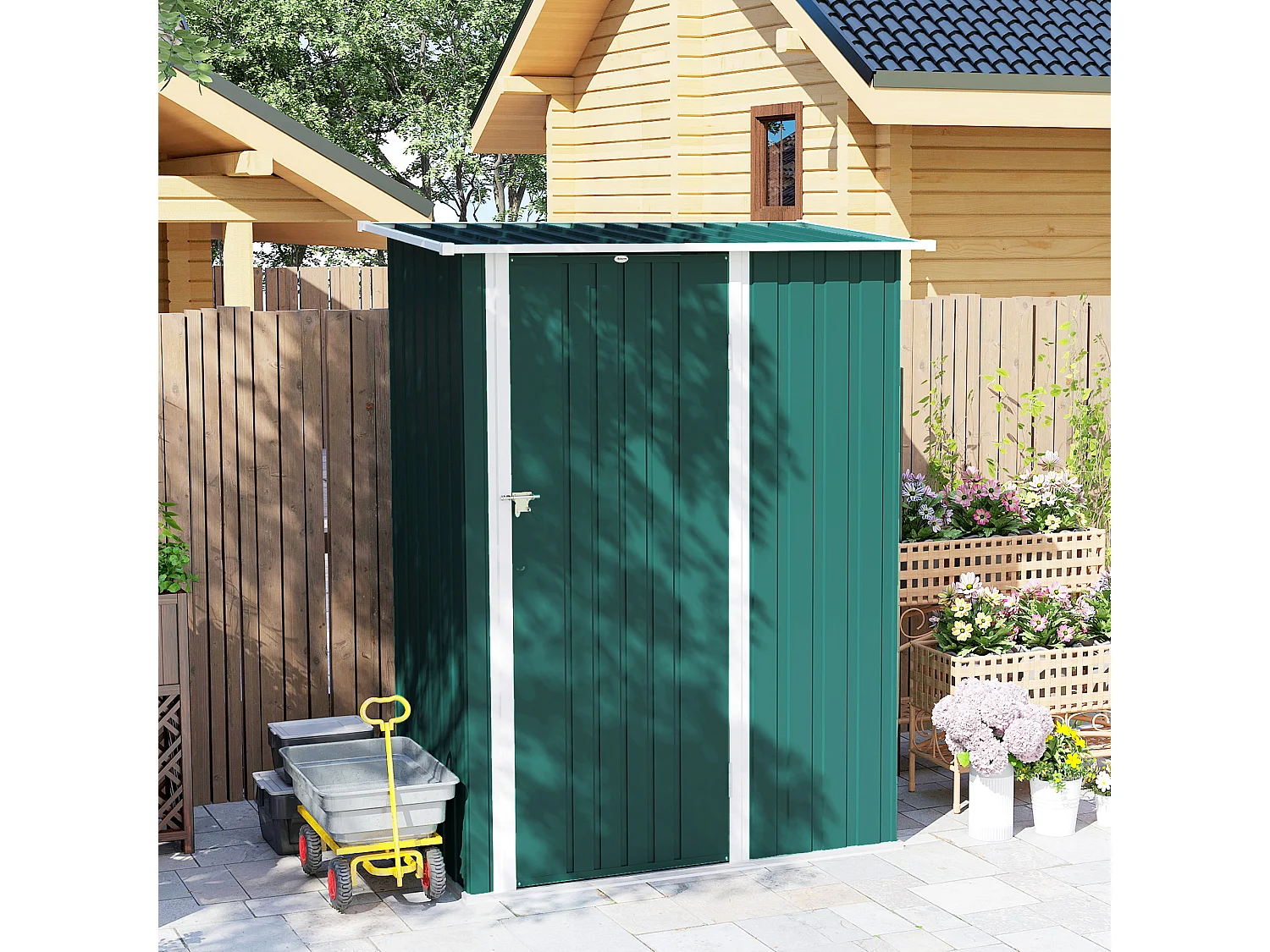 Capanno attrezzi in metallo con tetto inclinato porta bloccabile verde