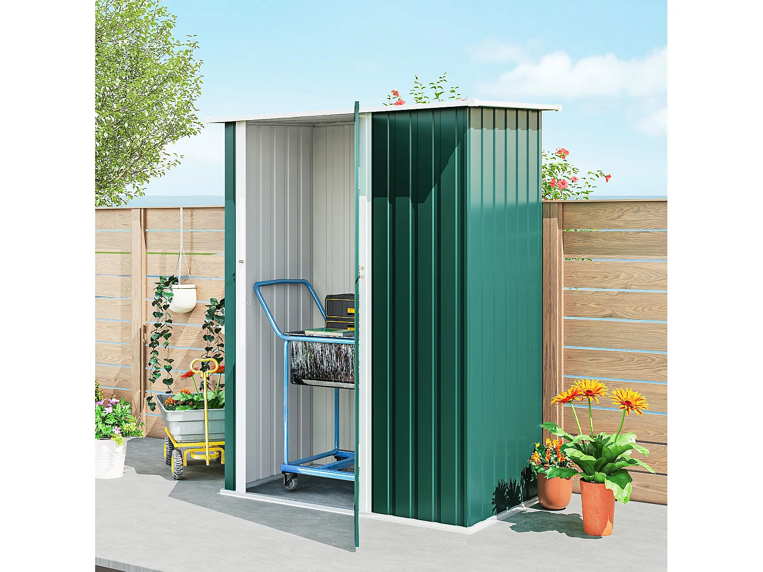 Capanno attrezzi in metallo con tetto inclinato porta bloccabile verde