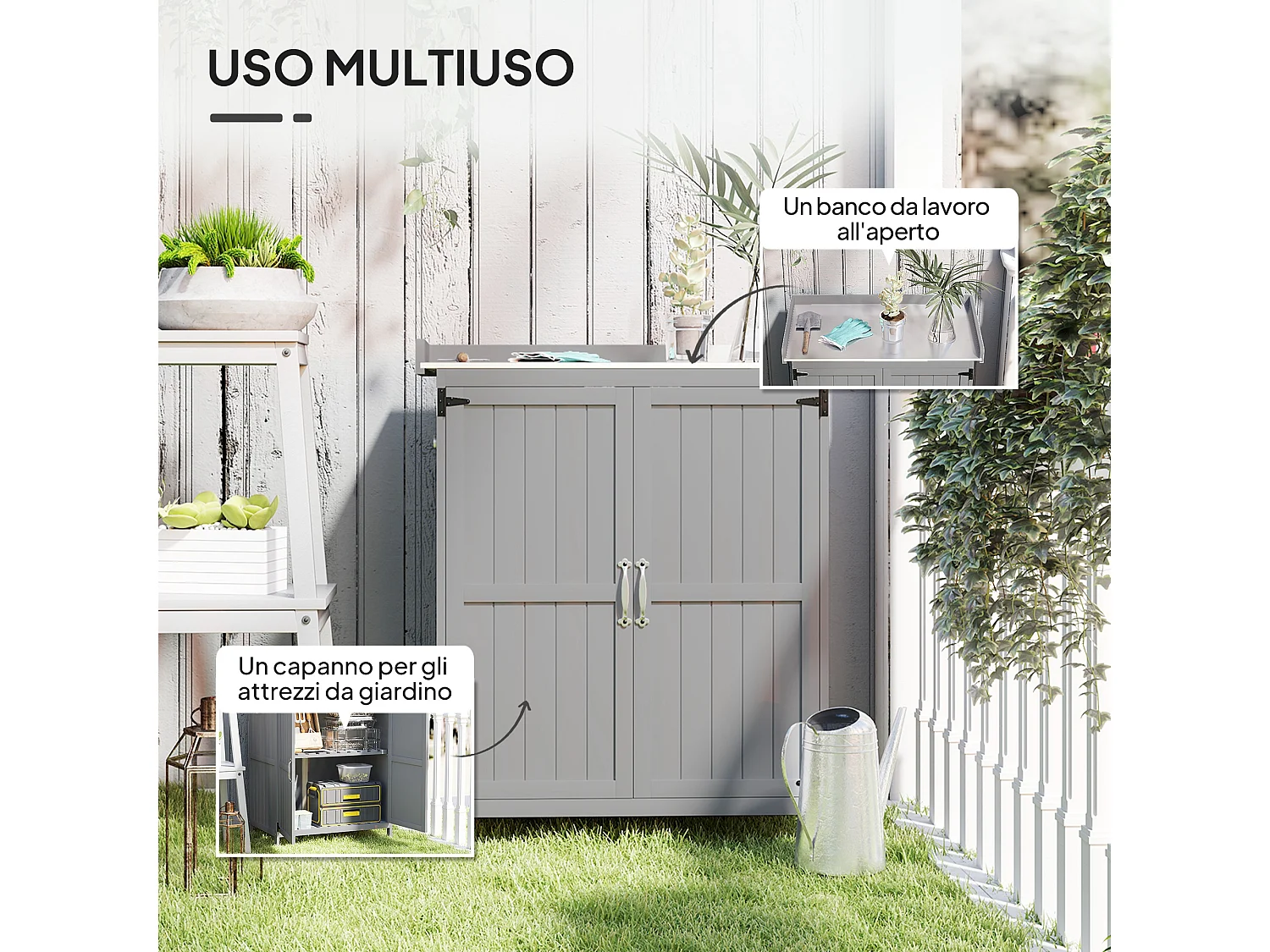 Armadietto da esterno, capanno porta attrezzi con piano in metallo