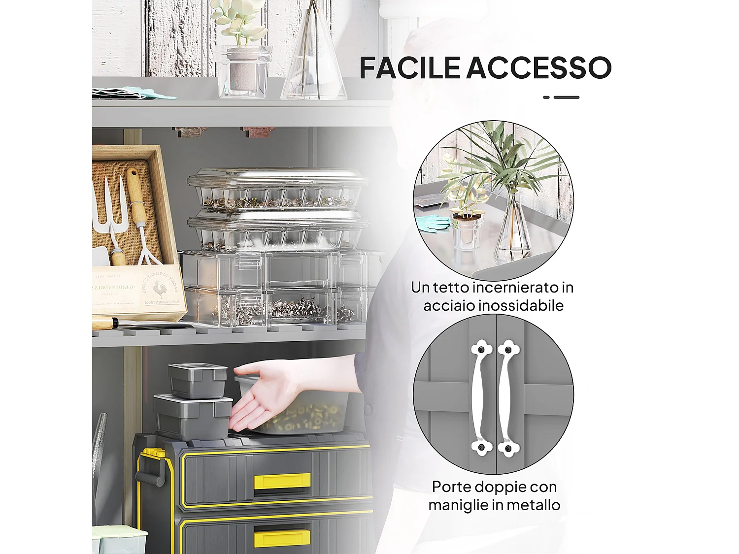 Armadietto da esterno, capanno porta attrezzi con piano in metallo