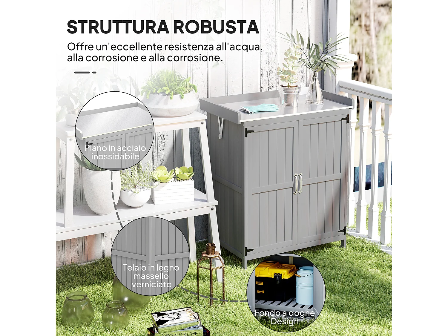 Armadietto da esterno, capanno porta attrezzi con piano in metallo