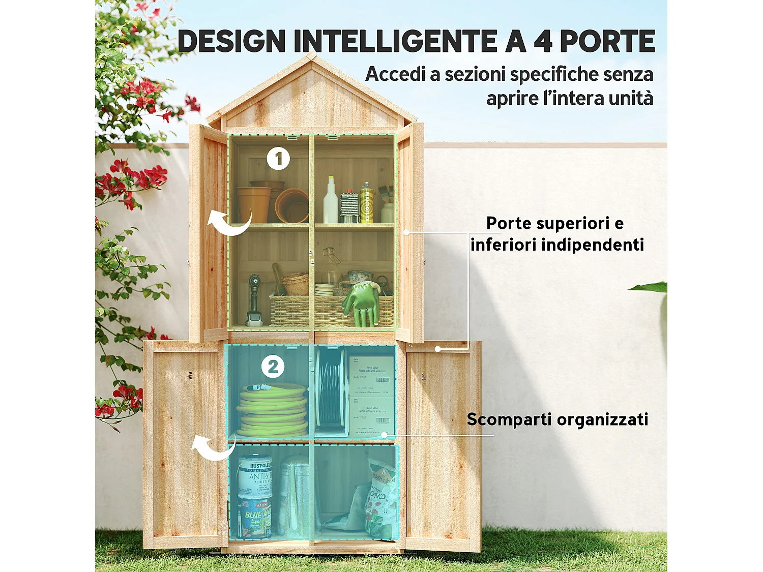 Armadio da esterno 4 ante impermeabile in legno naturale