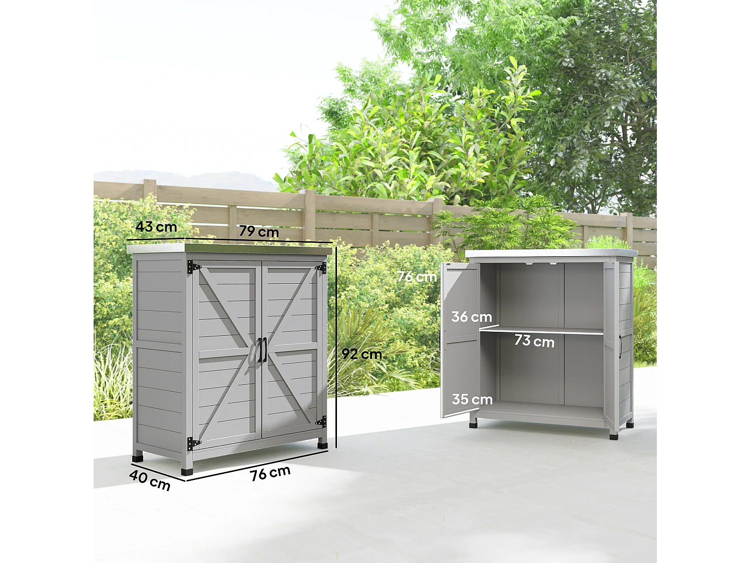 Armadio da esterno con ripiano interno e banco da lavoro grigio