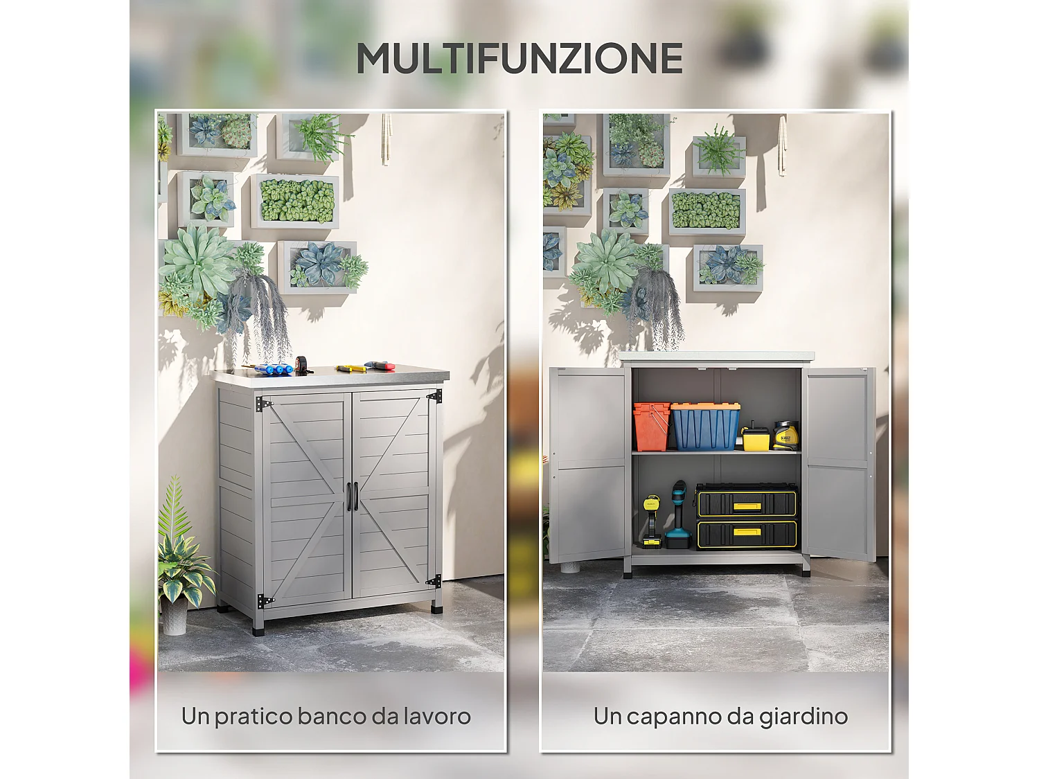 Armadio da esterno con ripiano interno e banco da lavoro grigio