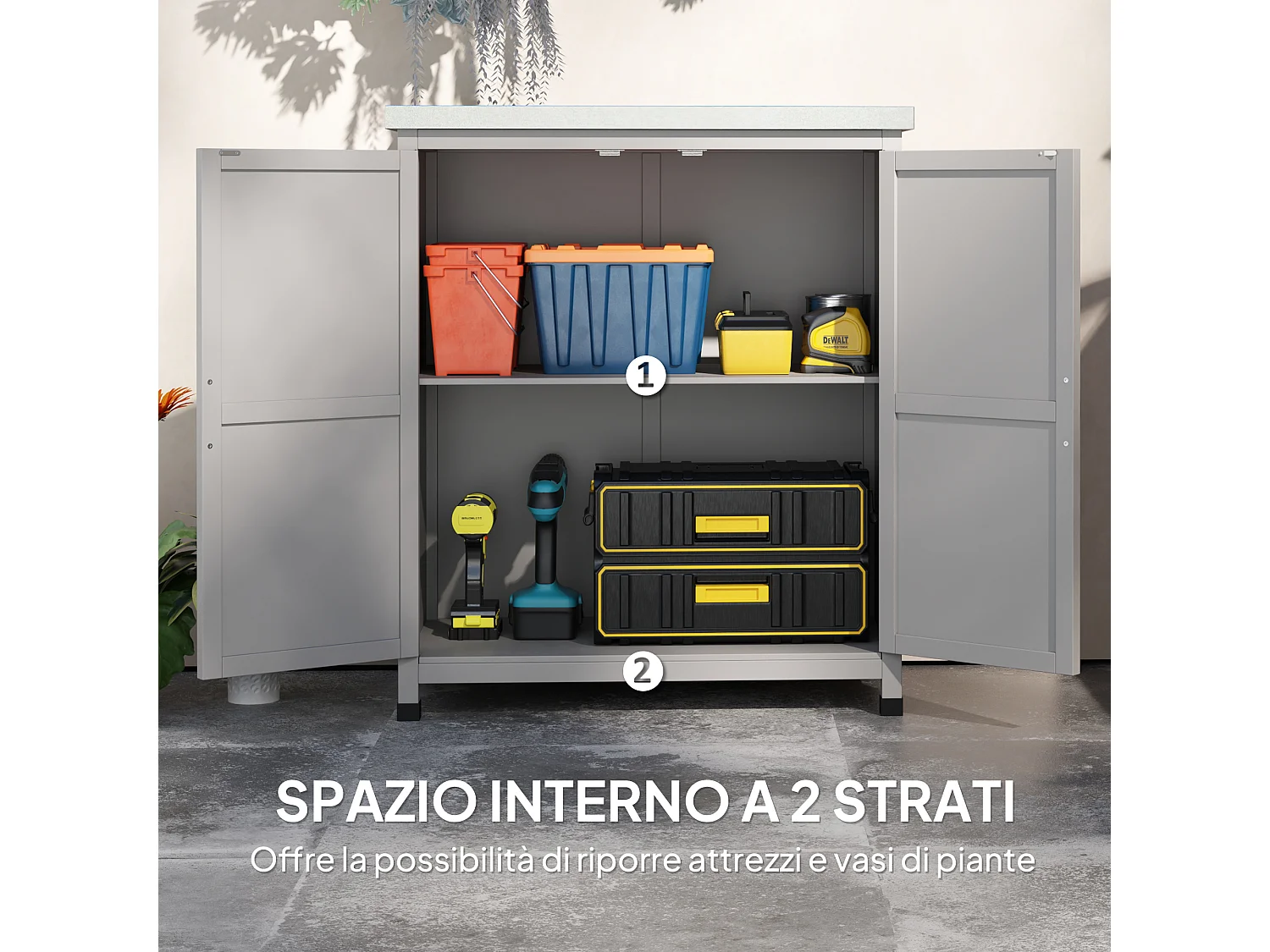 Armadio da esterno con ripiano interno e banco da lavoro grigio