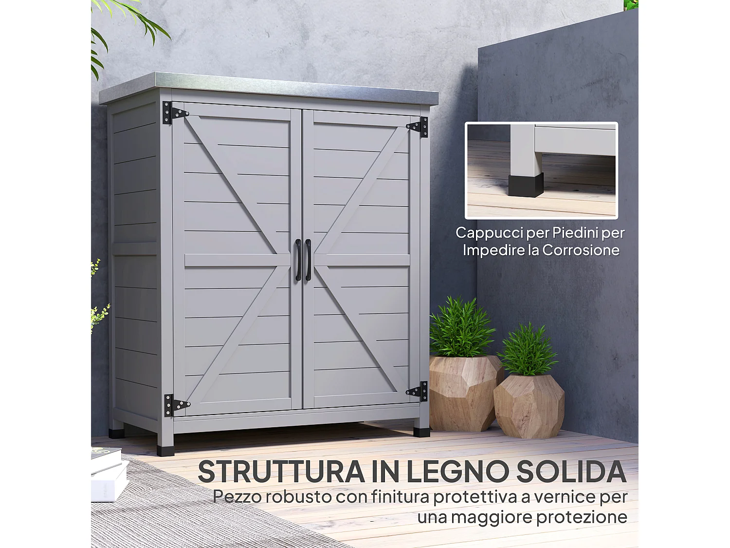 Armadio da esterno con ripiano interno e banco da lavoro grigio