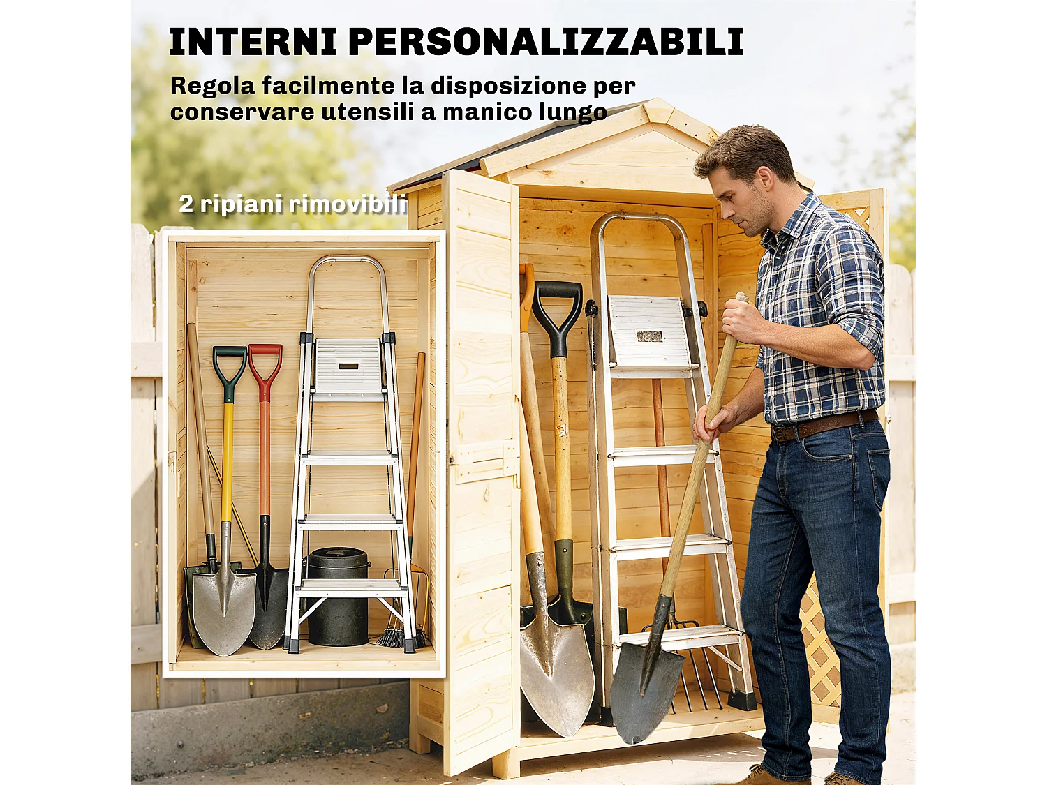 Armadio da esterno con tetto impermeabile in legno naturale