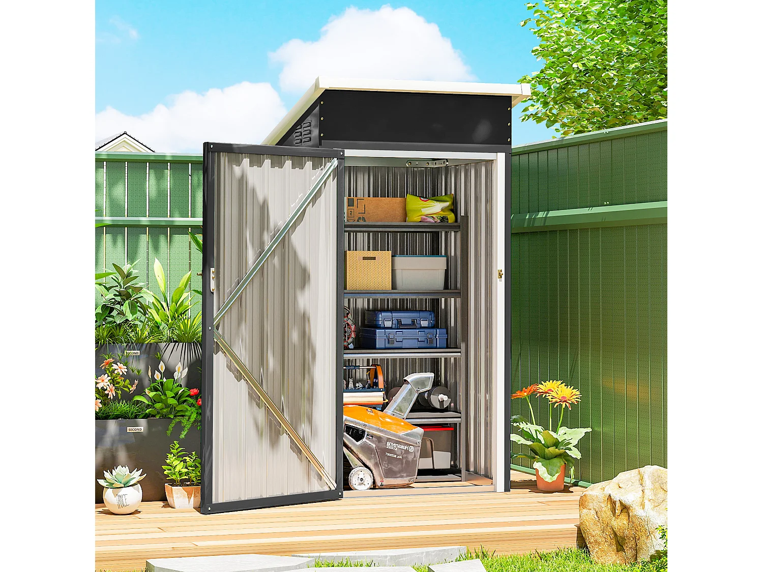 Casetta da giardino con tetto inclinato in acciaio grigio scuro