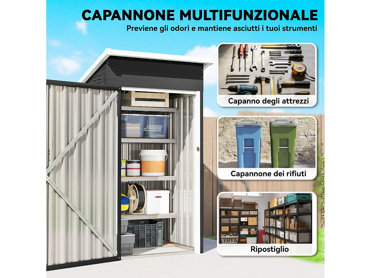 Casetta da giardino con tetto inclinato in acciaio grigio scuro