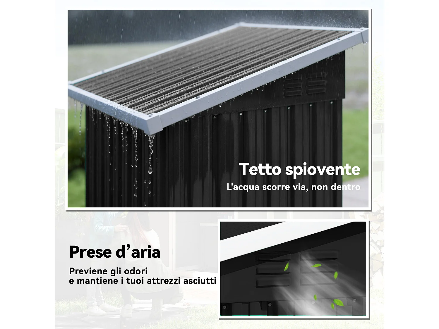 Casetta da giardino con tetto inclinato in acciaio grigio scuro