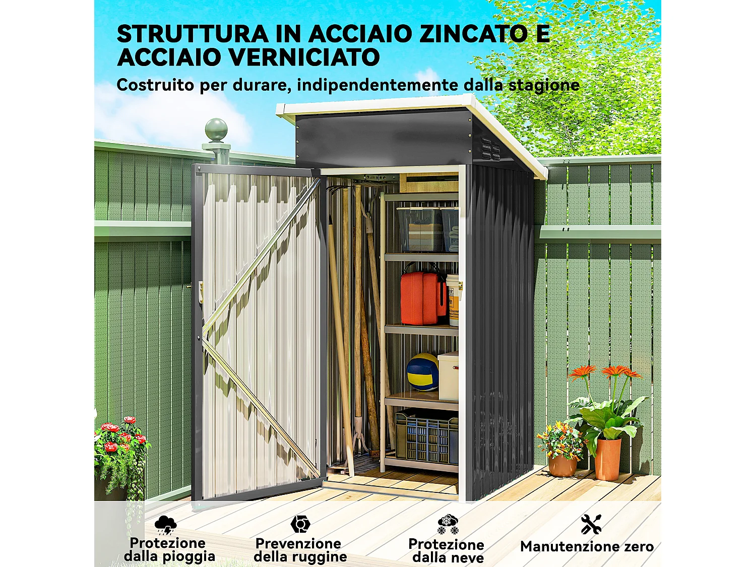 Casetta da giardino con tetto inclinato in acciaio grigio scuro