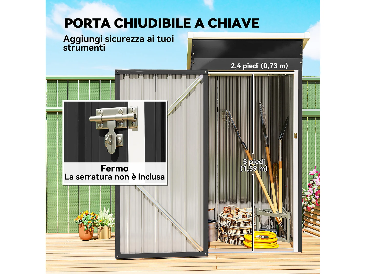 Casetta da giardino con tetto inclinato in acciaio grigio scuro