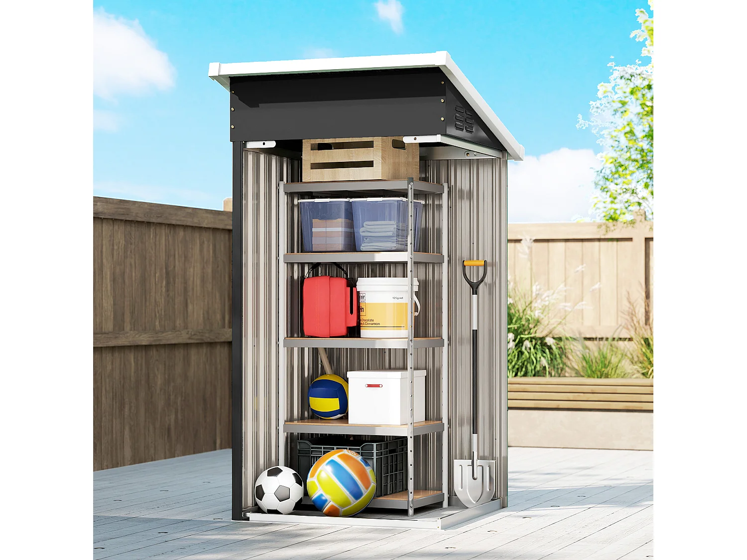 Casetta da giardino con tetto inclinato in acciaio grigio scuro