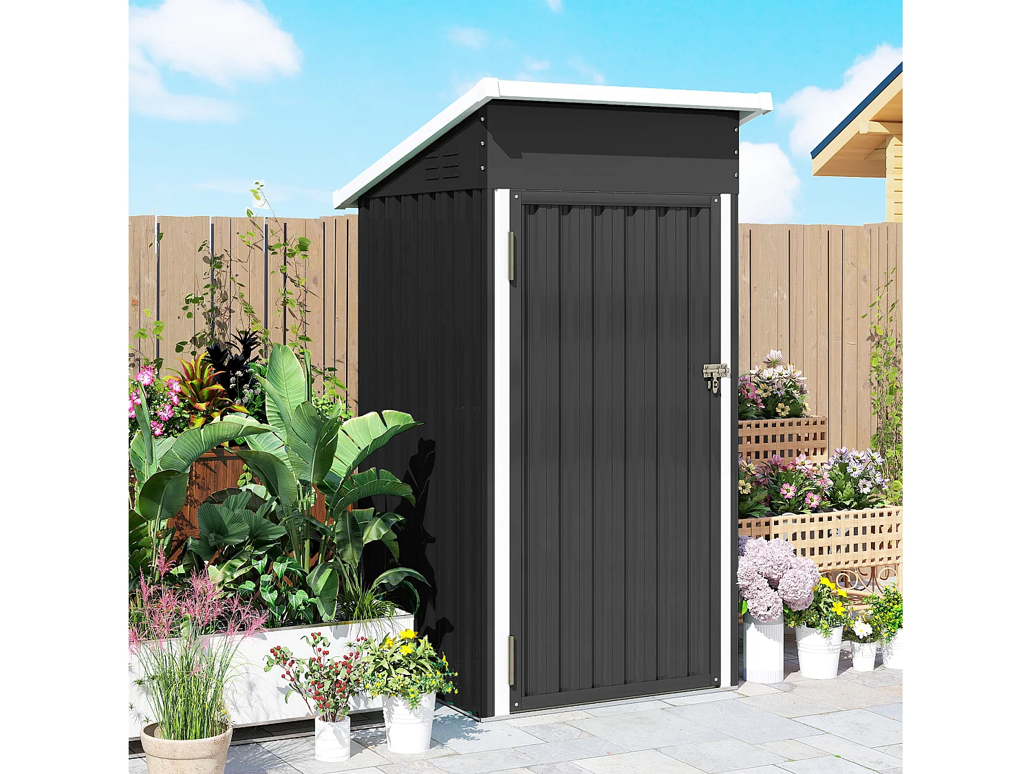 Casetta da giardino con tetto inclinato in acciaio grigio scuro
