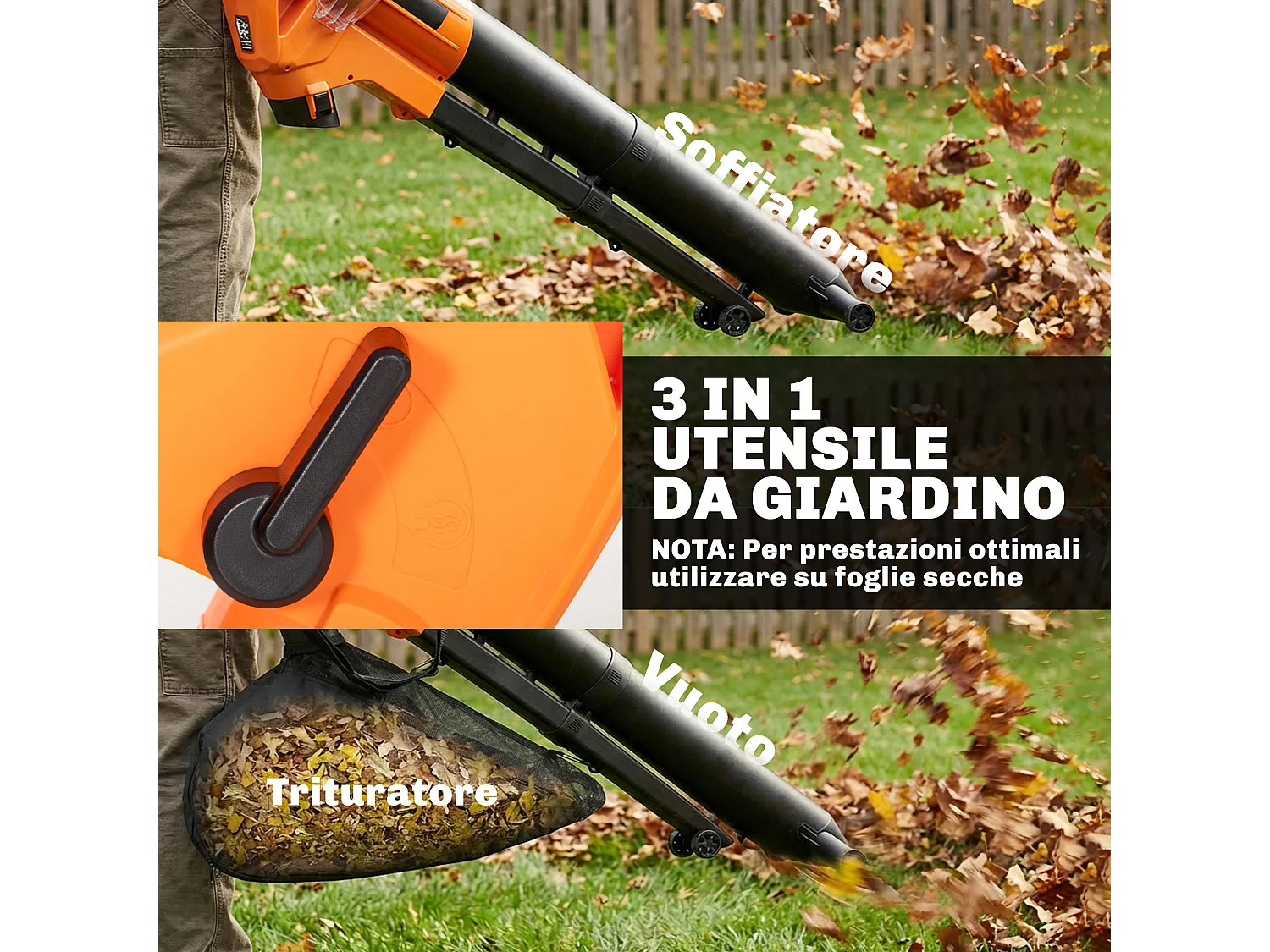 Soffiatore aspiratore foglie 3-in-1 3000w con trituratore sacco 40l