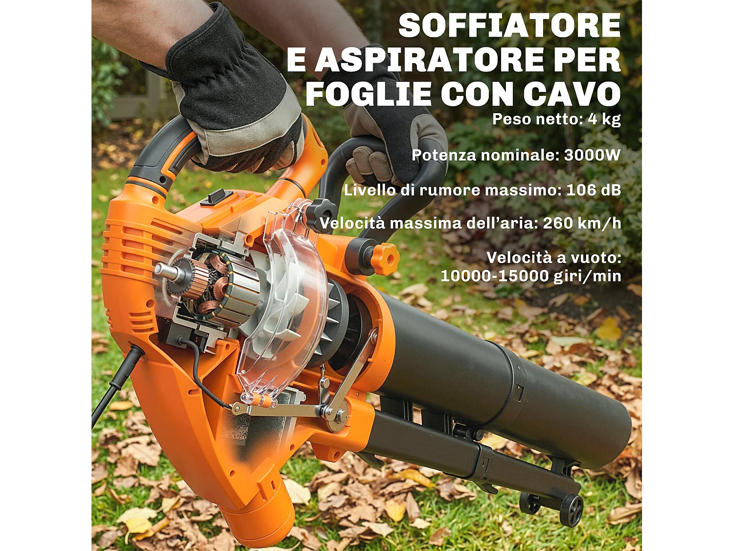 Soffiatore aspiratore foglie 3-in-1 3000w con trituratore sacco 40l