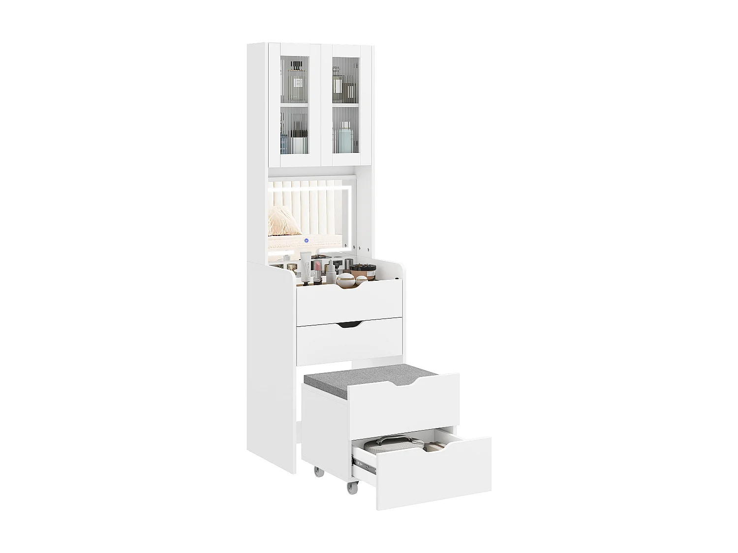 Toeletta con sgabello a scomparsa e specchio con luce led bianco