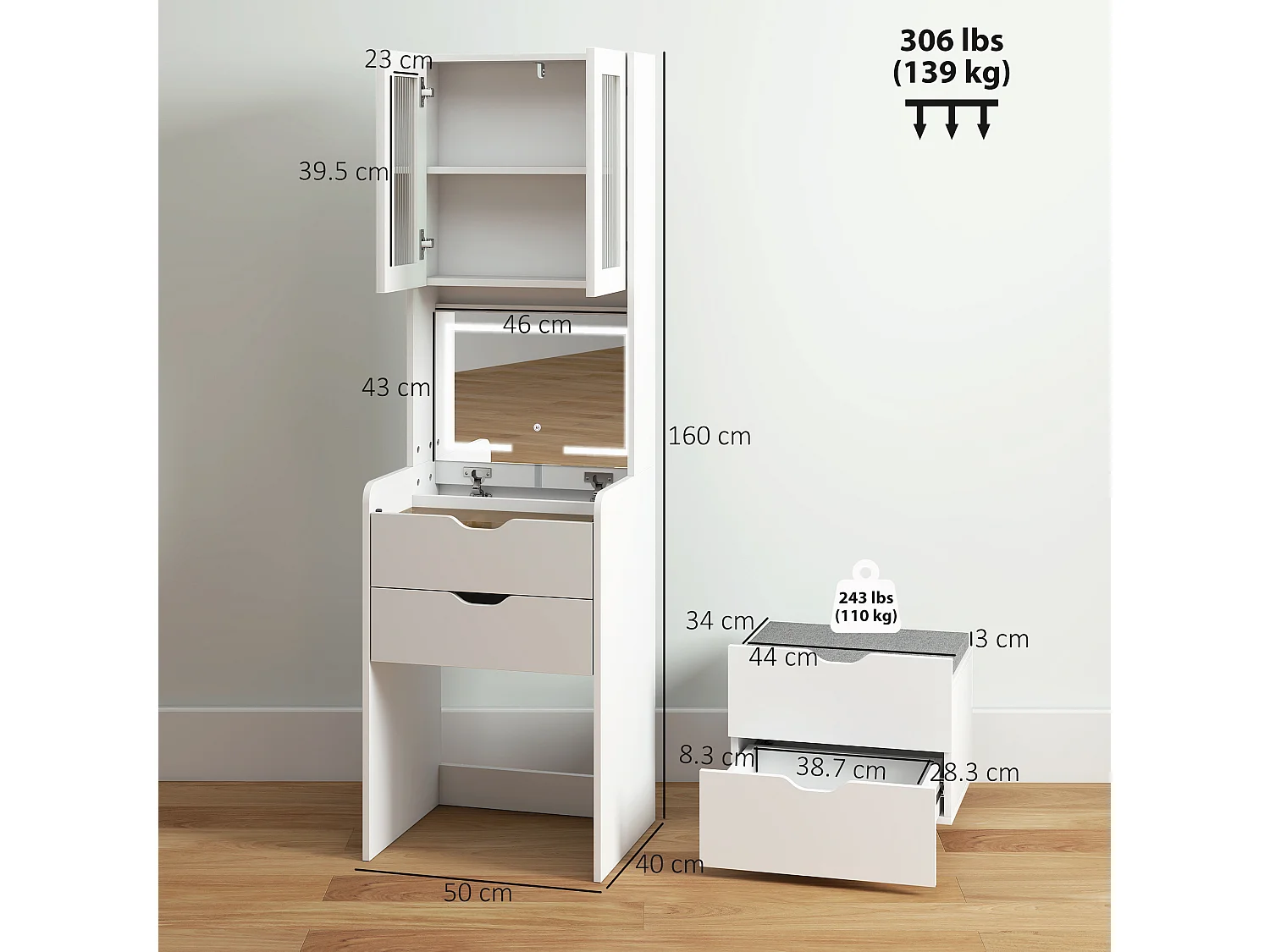 Toeletta con sgabello a scomparsa e specchio con luce led bianco