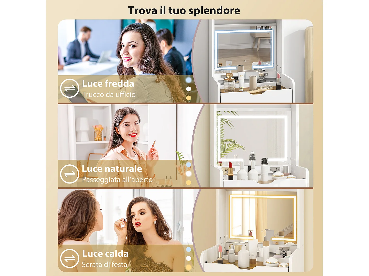 Toeletta con sgabello a scomparsa e specchio con luce led bianco