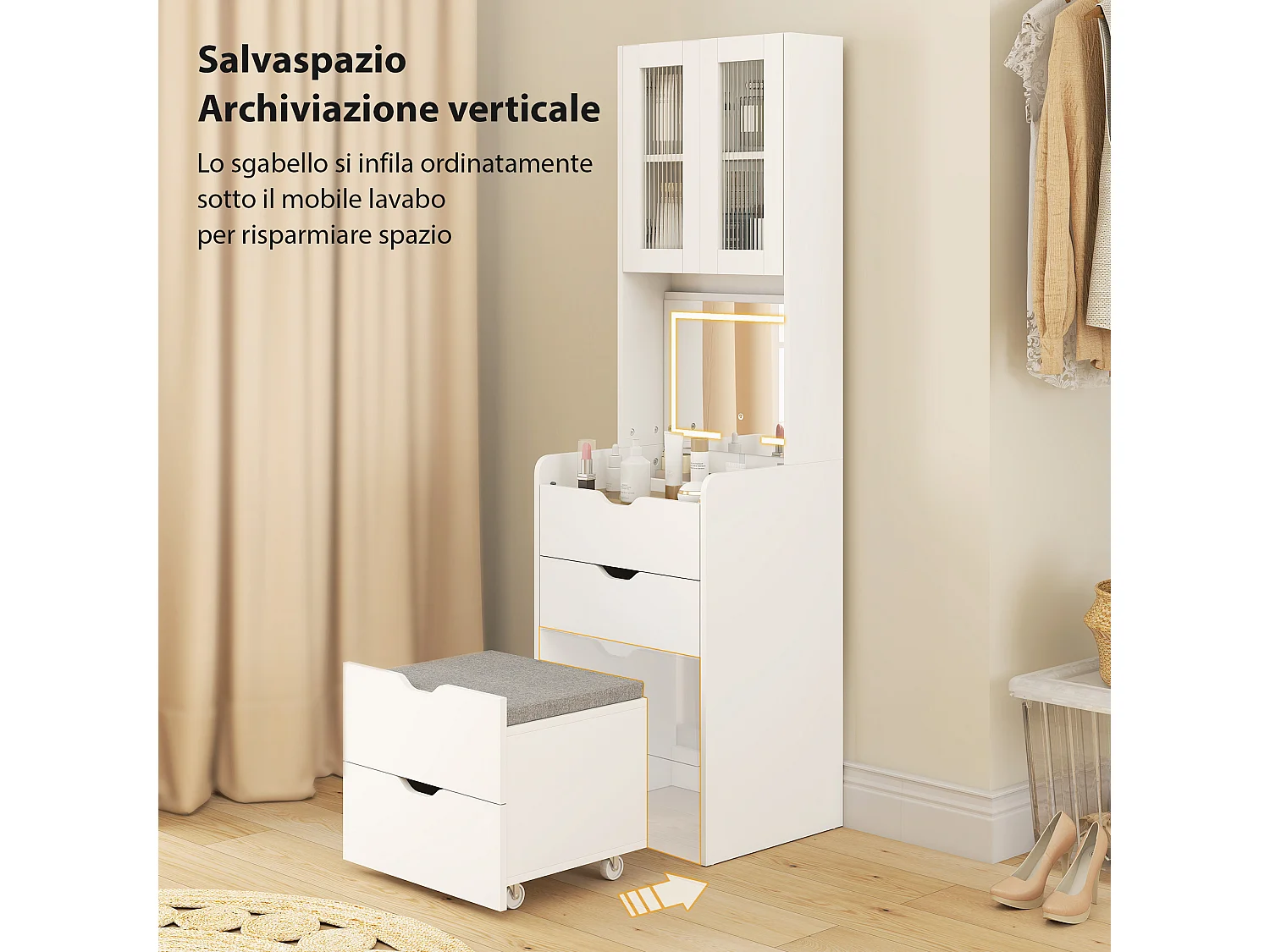Toeletta con sgabello a scomparsa e specchio con luce led bianco